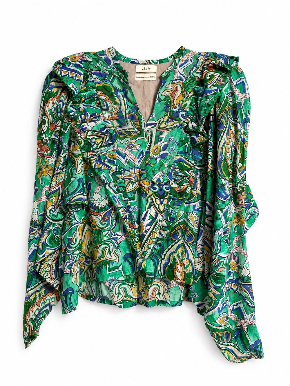 Chufy Green Paisley Ruffle-Trim Blouse